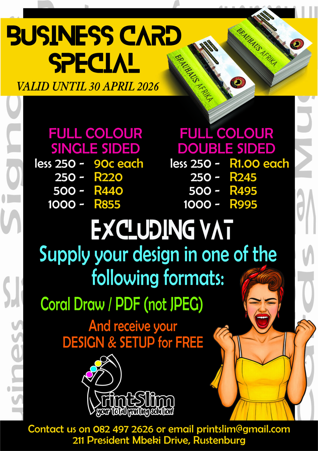 Printslim March to April Specials Bcards
